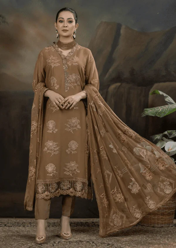 MBM-10<br>Embroidered Chiffon Suit in Earthy Tones