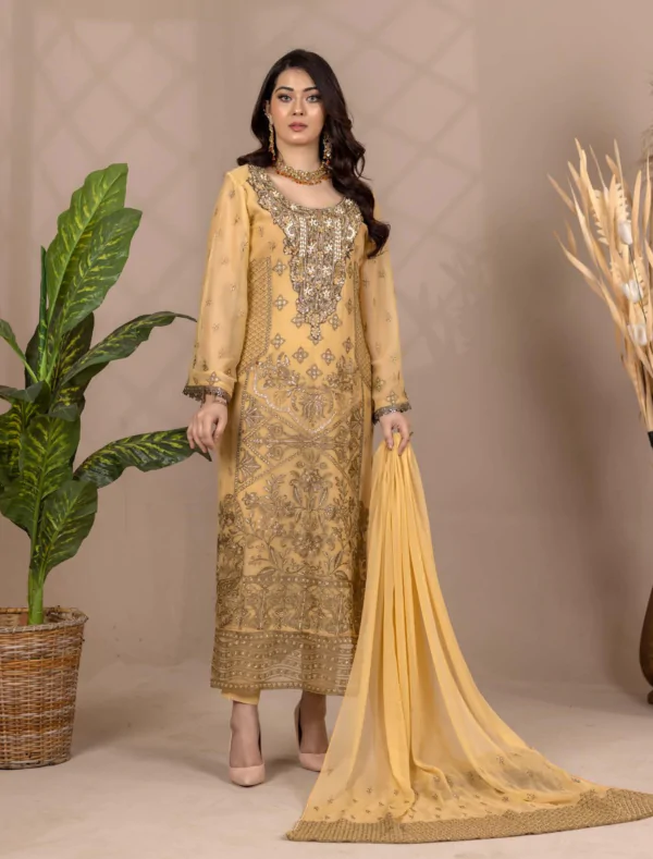 MBM-16<br>Golden Embroidered Chiffon Ensemble with Raw Silk Trouser and Chiffon Dupatta