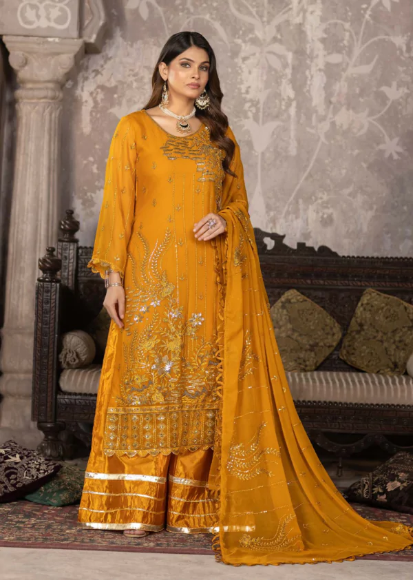 MBM-26<br>Mustard Yellow Embroidered Chiffon Ensemble