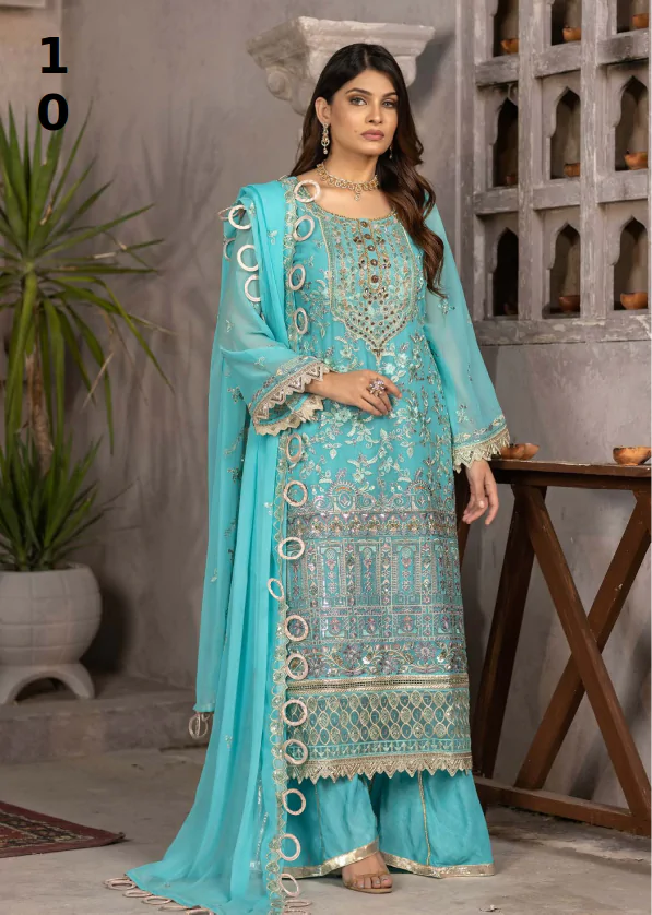 MBM-28<br>Sky Blue Embroidered Chiffon Ensemble