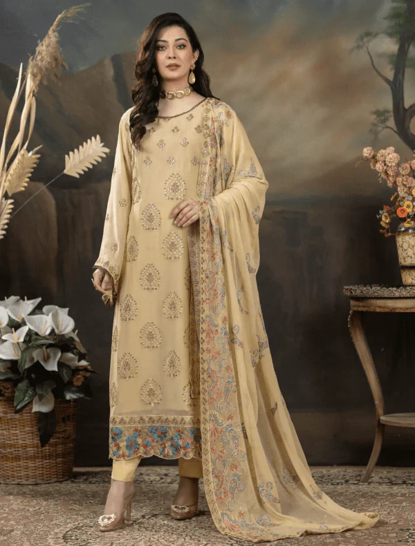 MBM-03<br> Opulent Gold Embroidered Chiffon Suit