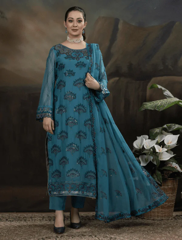 MBM-06<br> Teal Blue Embroidered Chiffon Ensemble