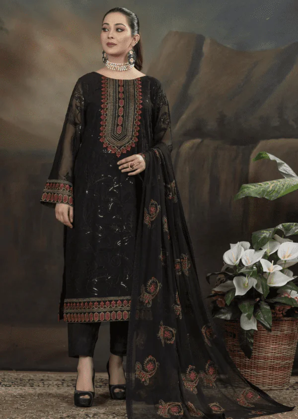 MBM-07<br> Exquisite Black Embroidered Chiffon Suit