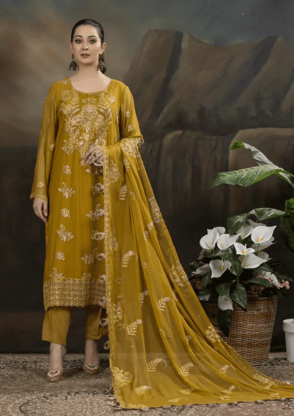 MBM-09<br>Mustard Yellow Embroidered Chiffon Suit