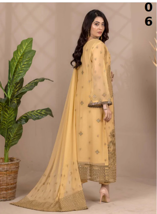 MBM-16<br>Golden Embroidered Chiffon Ensemble with Raw Silk Trouser and Chiffon Dupatta