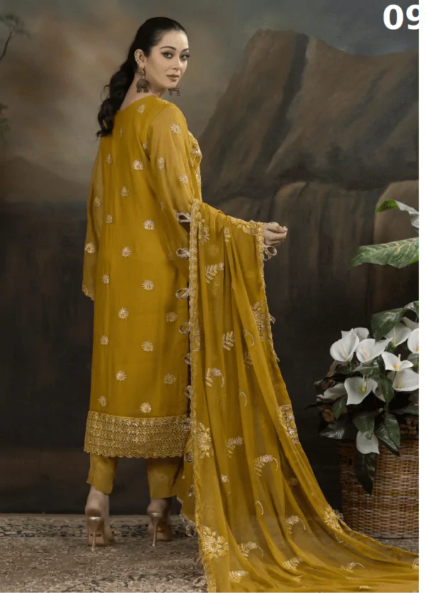 MBM-09<br>Mustard Yellow Embroidered Chiffon Suit