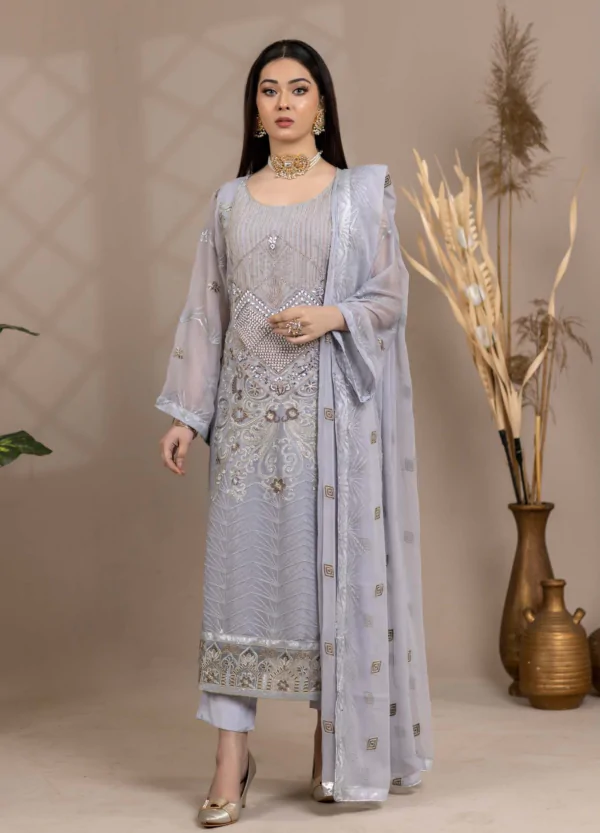 MBM-11<br>Elegant Embroidered Chiffon Ensemble with Raw Silk Trouser and Chiffon Dupatta