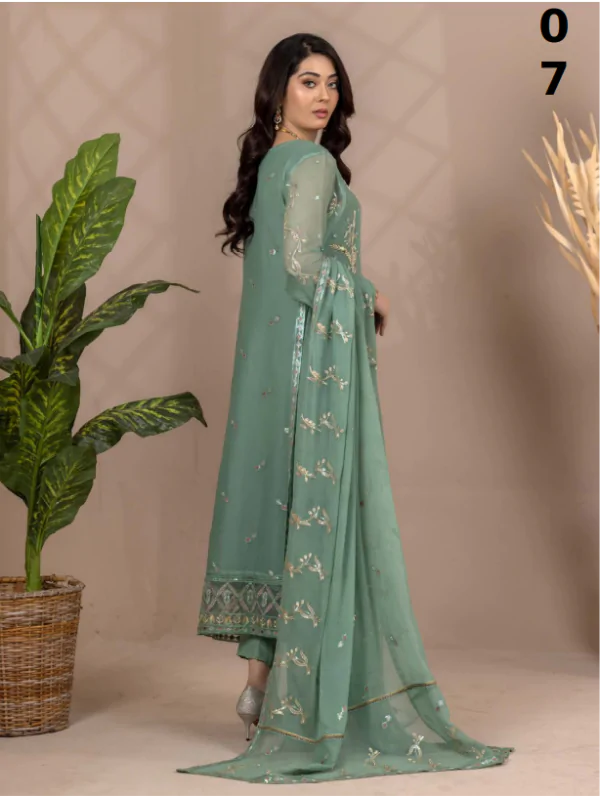 MBM-17<br>Sage Green Embroidered Chiffon Ensemble with Raw Silk Trouser and Chiffon Dupatta