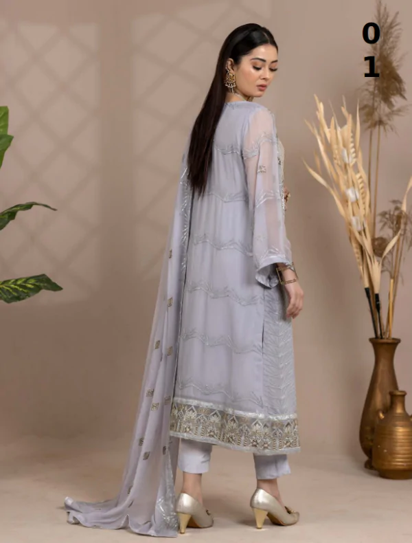 MBM-11<br>Elegant Embroidered Chiffon Ensemble with Raw Silk Trouser and Chiffon Dupatta