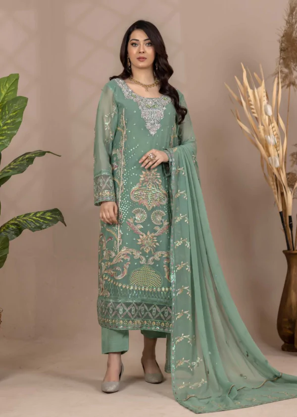 MBM-17<br>Sage Green Embroidered Chiffon Ensemble with Raw Silk Trouser and Chiffon Dupatta